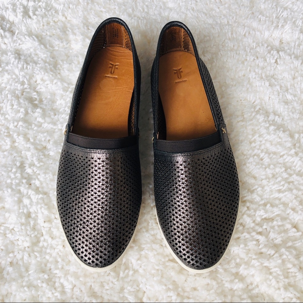 Metallic gray Frye flats